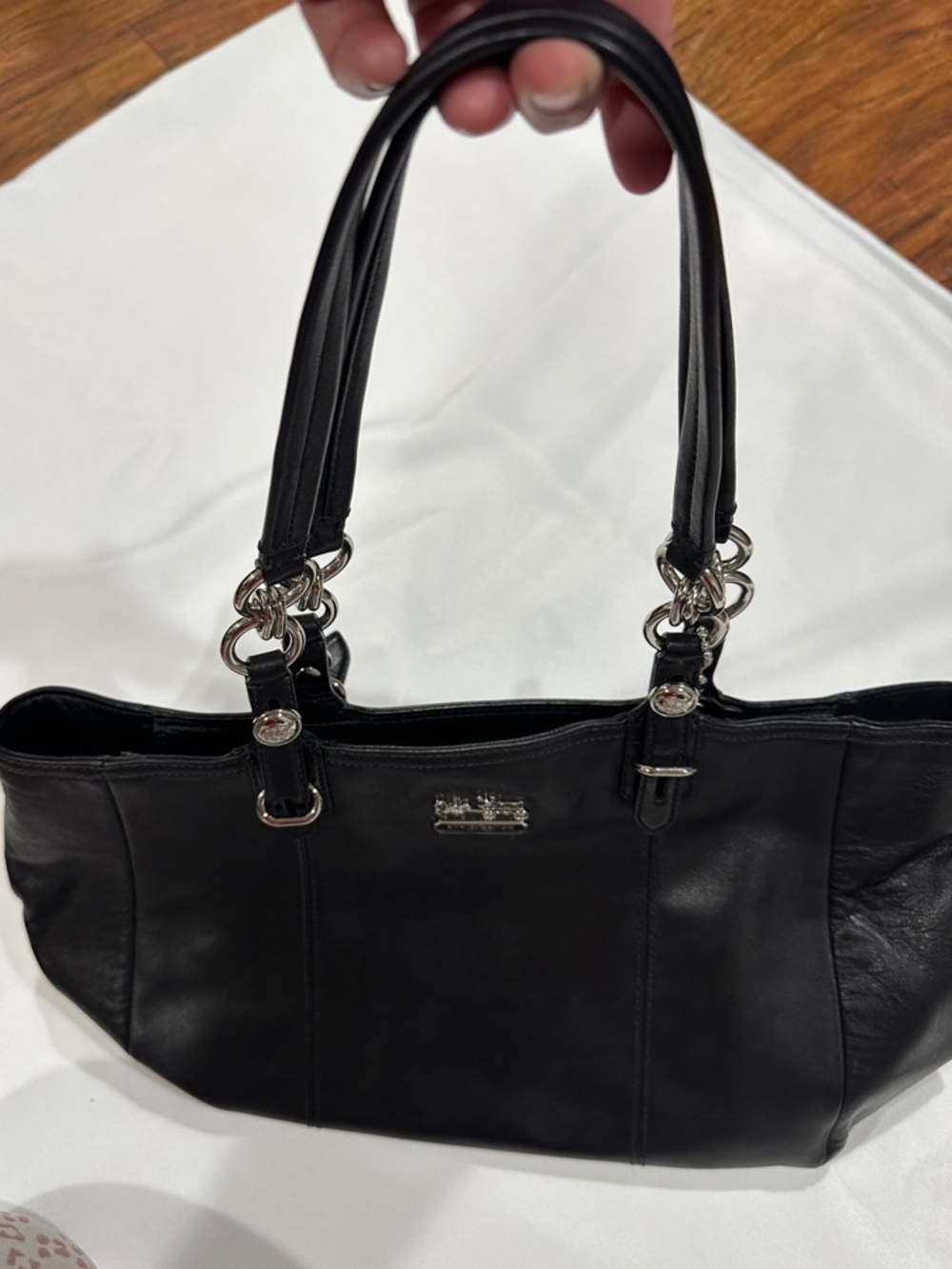 Coach Black Leather Double-Handle Tote with Silver Hardware - Picture 9 of 11
